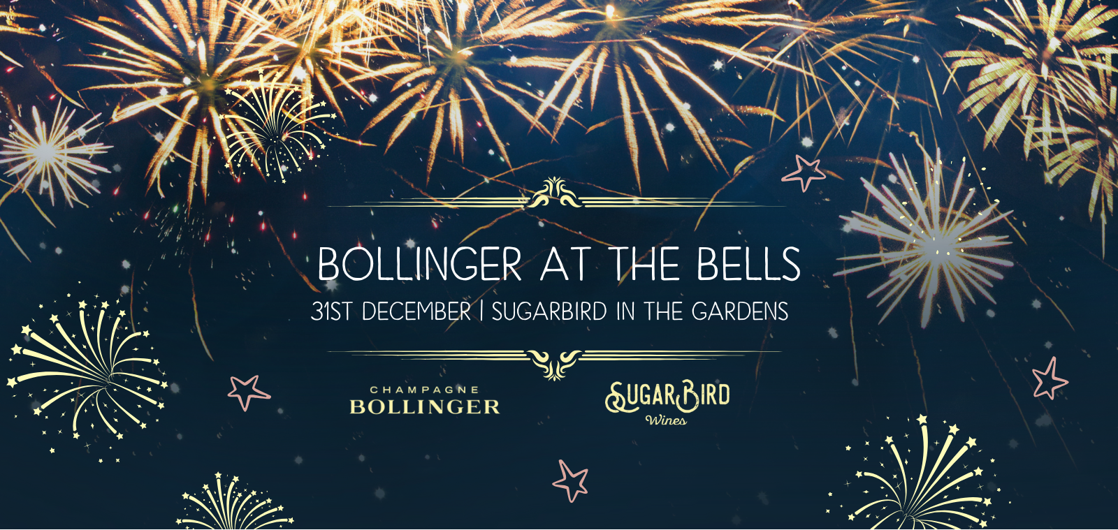 Fireworks display with Bollinger and Sugarbird branding on a dark background