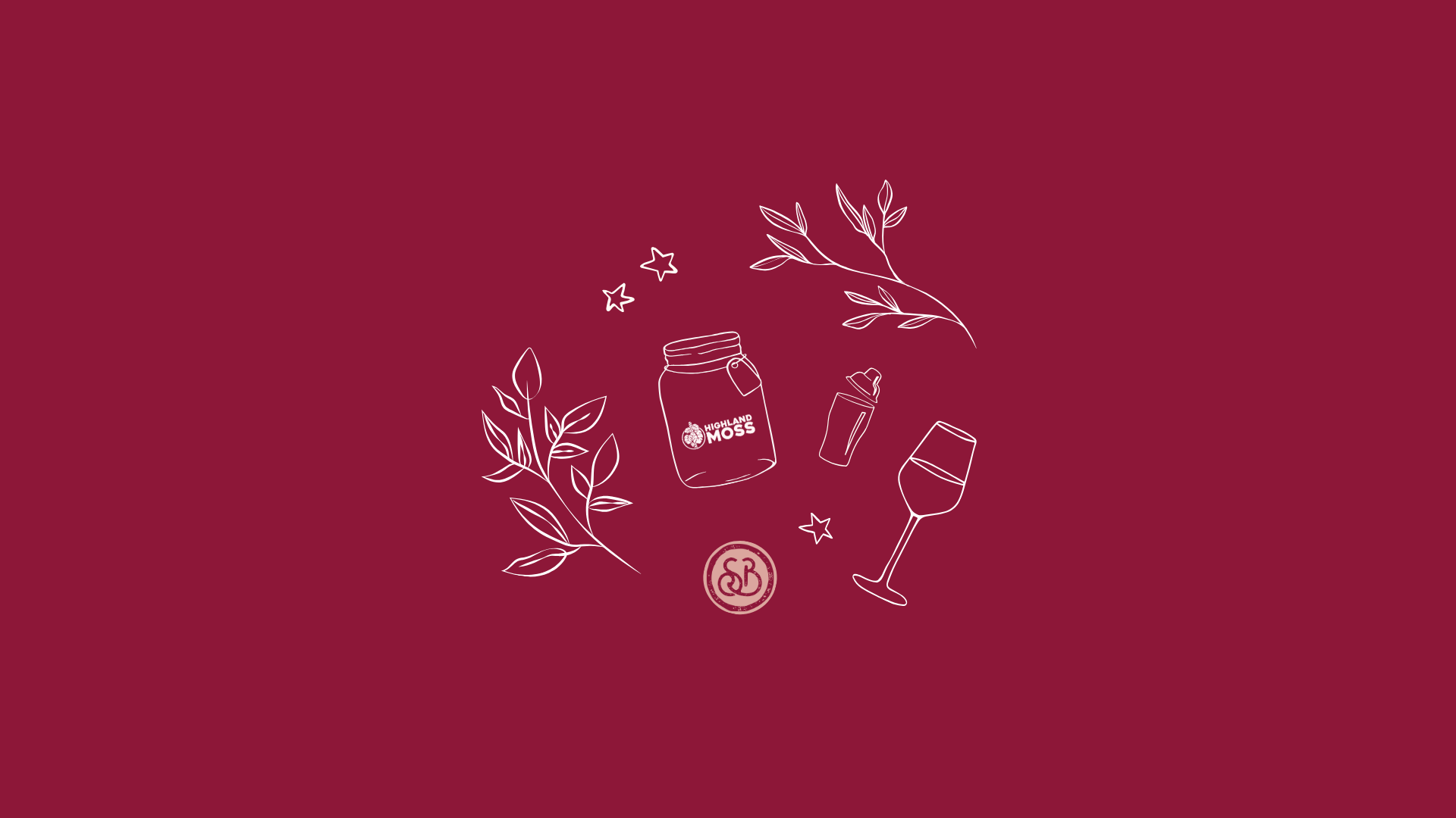 A red background with a white fine line drawing of vines and leaves, a wine glass, a cocktail shaker and a jar that reads 'highland moss'